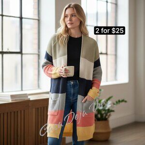 Kaylas Armoire Rainbow Color Bloc Lightweight Long Sleeve Open Cardigan Sweater